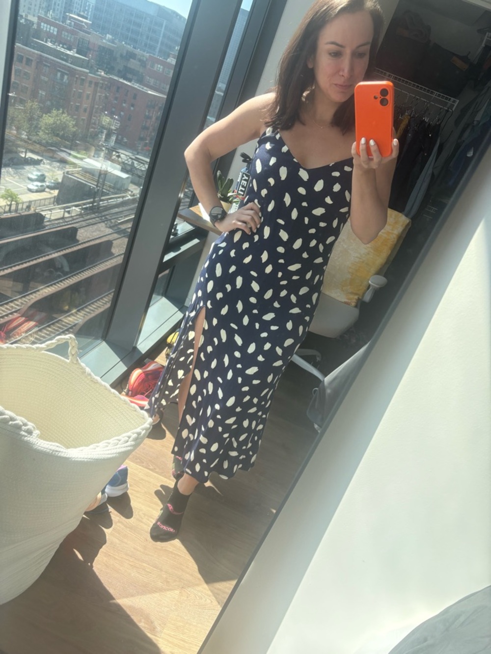Reformation Navy Blue & White Printed Slip Dress